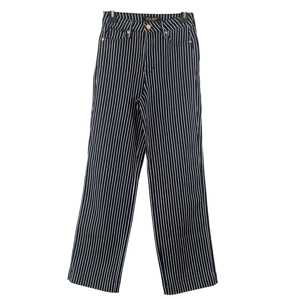 Judy Blue Navy White Striped Straight Fit Jeans High Rise 27 Preppy Nautical